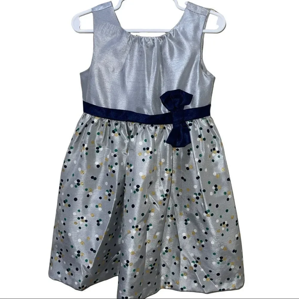 Gymboree Silver & Polka Dot Dress with Belt‎ & Bow Accents